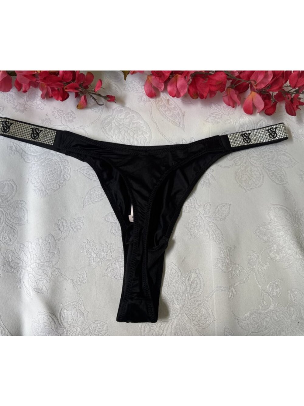 VICTORIA'S SECRET L SILKY BLACK VERY SEXY SHINE BLING STRING THONG PANTIES NWT